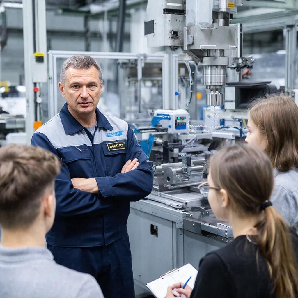 Мастер производственного обучения проводит практическое занятие в учебной мастерской со студентами