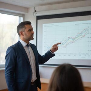 Преподаватель дополнительного профессионального образования объясняет график на проекторе во время занятия для взрослых