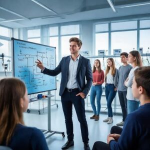 Преподаватель электро- и теплоэнергетики в СПО объясняет электрическую схему студентам колледжа