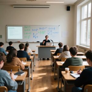 Учебный класс центра профессиональной переподготовки: преподаватель и студенты за партами