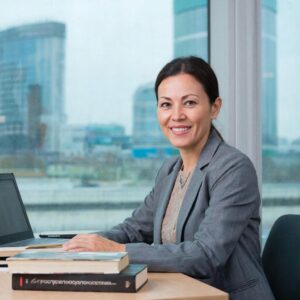 Женщина-преподаватель дополнительного профессионального образования работает за ноутбуком, рядом учебные книги