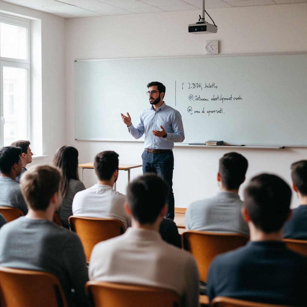 Преподаватель СПО ведет лекцию для студентов колледжа в учебной аудитории