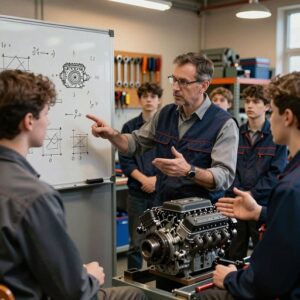 Преподаватель автослесарных дисциплин в системе СПО проводит лекцию для студентов колледжа