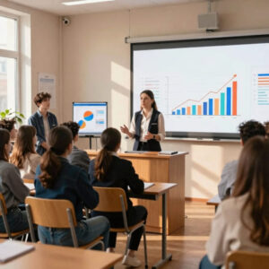Преподаватель дисциплин цикла «Сервис и туризм» в СПО проводит лекцию в колледже сервиса и туризма