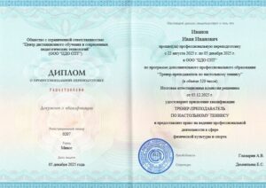 Диплом о профессиональной переподготовке тренер-преподаватель по настольному теннису 520 часов с углублённой программой ЦДО СПТ