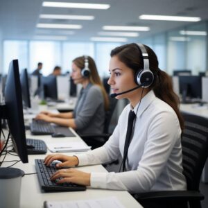Оператор по работе с клиентами в офисе работает с гарнитурой и консультирует клиента