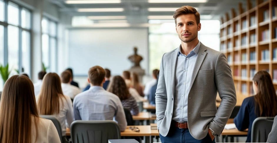 Преподаватель правовых дисциплин проводит занятие в светлой аудитории перед студентами, которые слушают лекцию по праву.