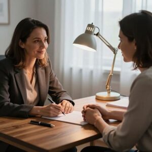 Психолог консультант проводит индивидуальную консультацию с клиентом в кабинете - этап психологического консультирования