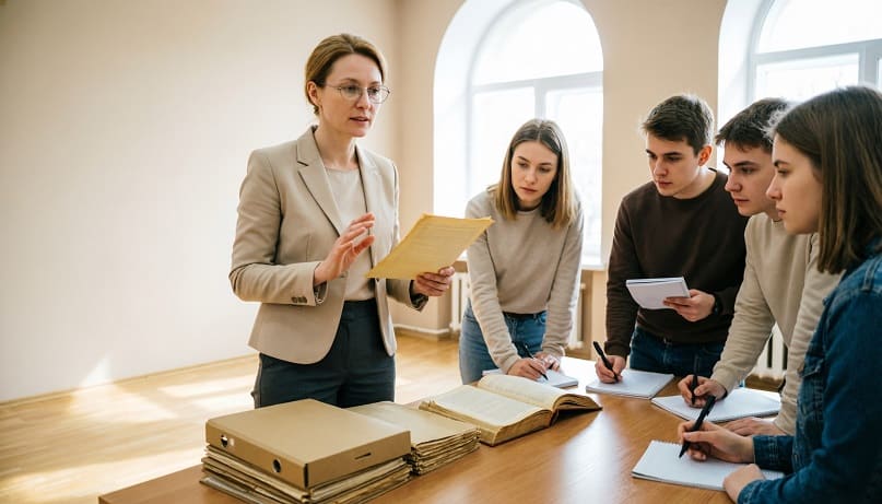 Преподаватель документоведения и архивоведения в СПО объясняет студентам работу с документами в учебном архиве колледжа