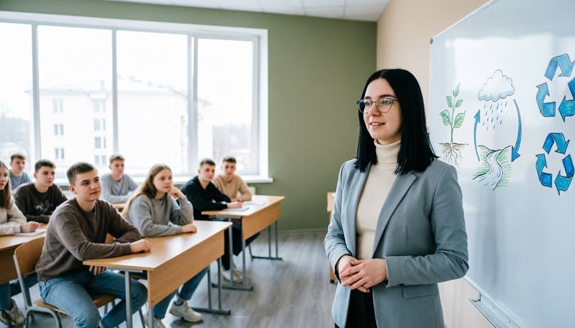 Преподаватель экологии в СПО объясняет студентам колледжа основы экологии у доски со схемами растений и переработки отходов — урок экологии в современной аудитории
