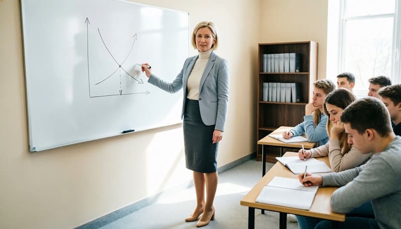 Преподаватель экономических дисциплин в СПО проводит занятие в колледже у доски с графиками спроса и предложения, студенты слушают — пример учебного процесса