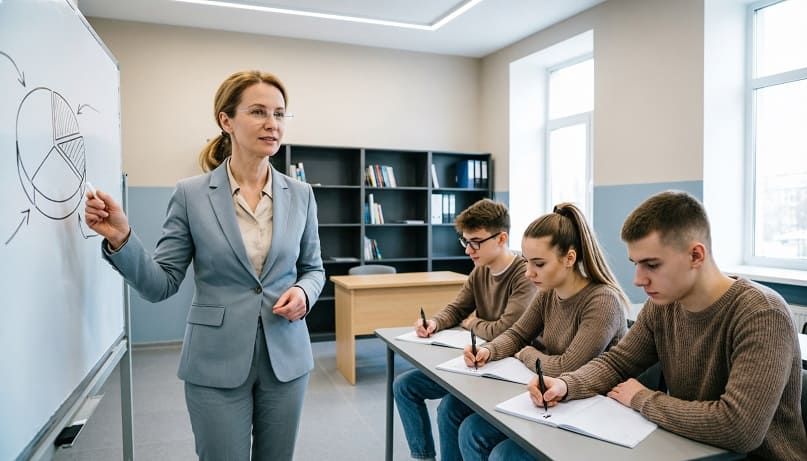 Преподаватель финансовой грамотности в СПО объясняет тему бюджета студентам колледжа за партами, студенты пишут в тетрадях, светлый учебный класс.