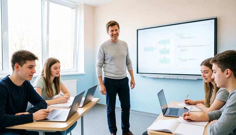Преподаватель информатики в СПО объясняет материал студентам колледжа в светлой аудитории