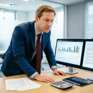 Специалист по закупкам работает за ноутбуком, анализирует графики и данные о поставках