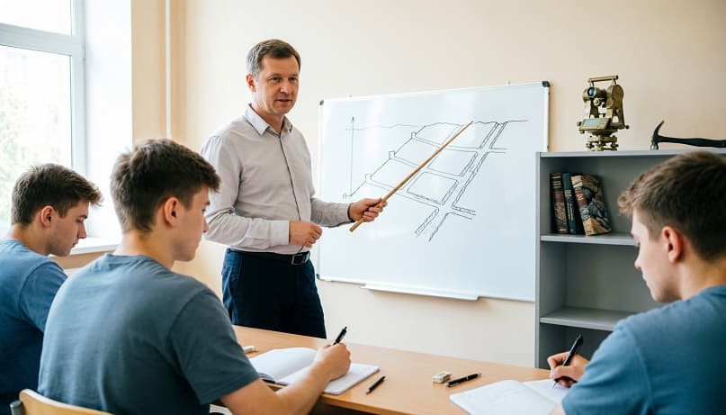 Преподаватель маркшейдерского дела в СПО объясняет студентам колледжа чертёж подземной горной выработки у белой доски. Студенты делают записи в тетрадях.