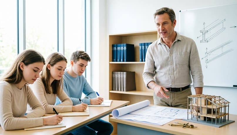 Преподаватель строительных дисциплин объясняет чертеж студентам