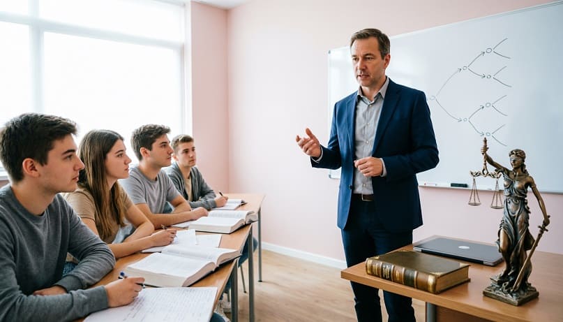 Преподаватель юридических дисциплин в СПО объясняет тему студентам колледжа. На столе — фигурка Фемиды и книга по праву.