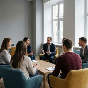 Психолог-коуч проводит индивидуальную сессию с клиентами в офисе