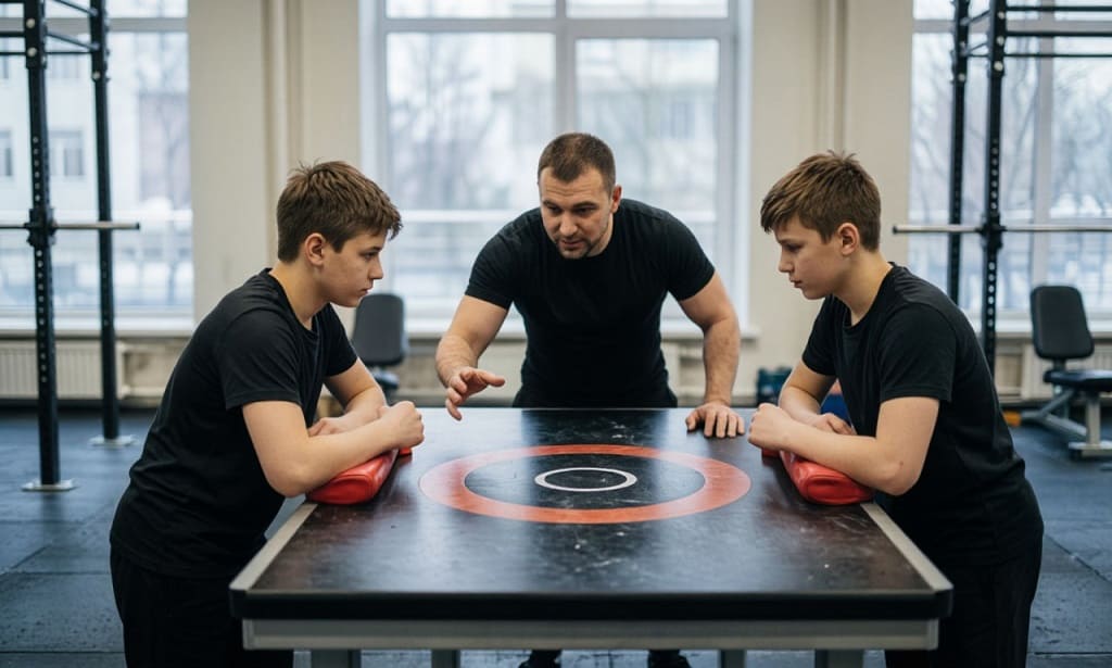 Тренер-преподаватель по армрестлингу объясняет технику группе учеников в светлом спортивном зале у профессионального стола для армрестлинга.