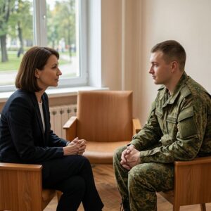 Военный психолог проводит консультацию с военнослужащим в светлом кабинете