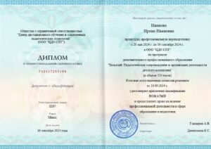 Образец диплома о профессиональной переподготовке по программе «Вожатый», 520 часов, с присвоением квалификации, внесением в ФИС ФРДО, документ государственного образца