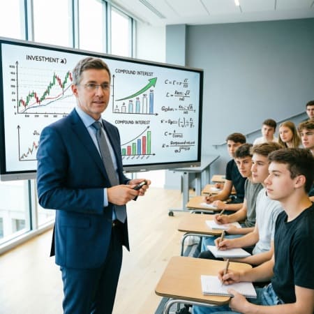 Преподаватель финансовой грамотности проводит лекцию для студентов колледжа