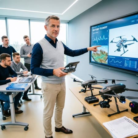 Преподаватель БАС показывает телеметрию полета и 3D-карты на интерактивном экране студентам курса.