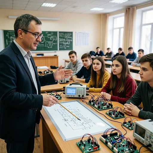 Преподаватель электротехники проводит лекцию в аудитории колледжа, объясняя студентам схемы на доске в рамках методики преподавания технических дисциплин.