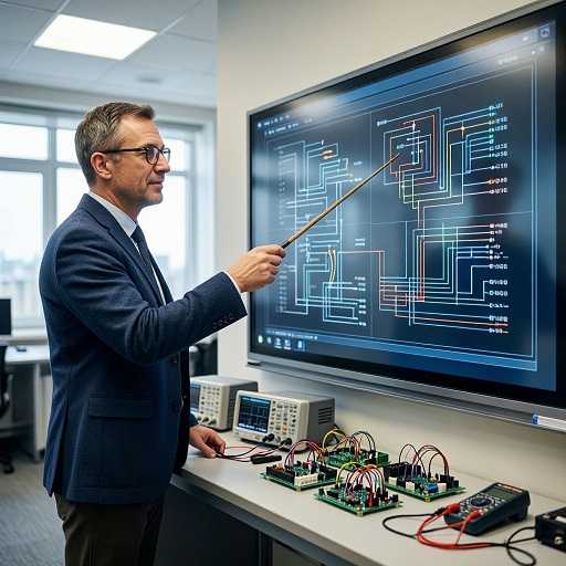 Преподаватель электротехники проводит лекцию для студентов в аудитории технического колледжа