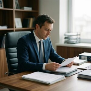 Работник проходит повышение квалификации за рабочим столом с учебными материалами.