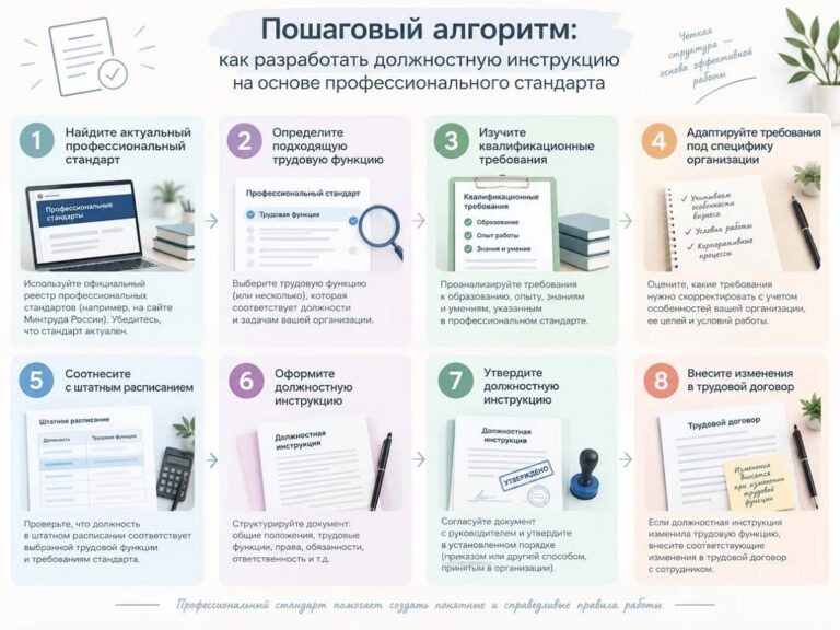 Пошаговый алгоритм разработки должностной инструкции на основе профессионального стандарта — схема из 8 шагов